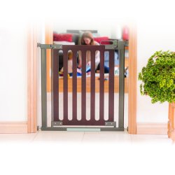 Safe &amp; Care - Presmonteret sikkerhedsgitter SC531 - Metal - M�rkegr� - Tr� - M�rkebrun - 76-96 cm